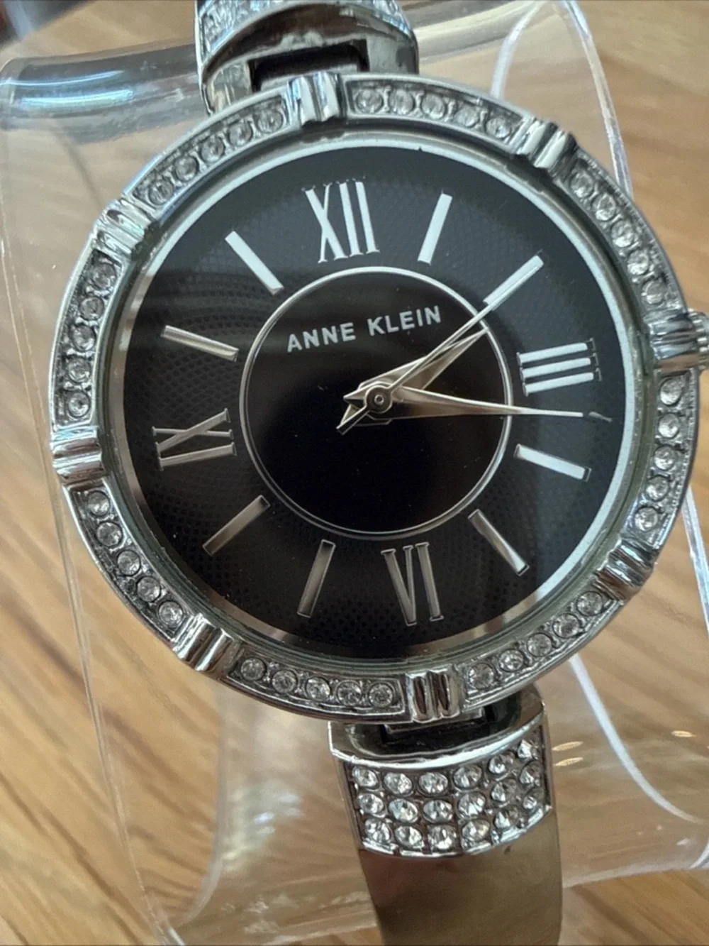 Anne Klein Silver Bracelet Watch with Black Dial and Crystal Accents, Runs Great
